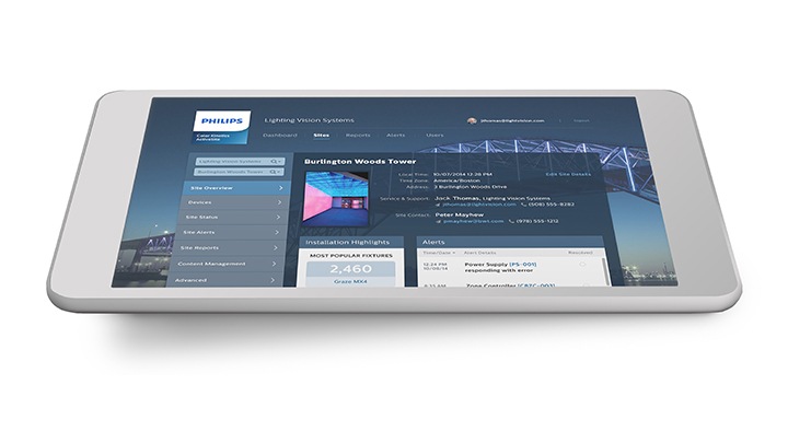 ActiveSite umożliwia zdalne monitorowanie zintegrowanego systemu oświetleniowego na autoryzowanym komputerze lub tablecie